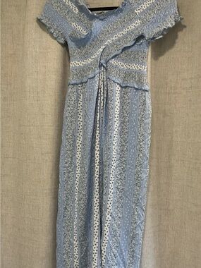 Light Blue Patterned Maxi Dress with Tie Waist